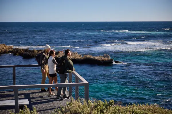 Three people standing on a coastal lookout platform, pointing toward waves over rocky ocean water.