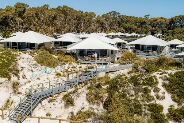 Aerial of beach front eco-tents