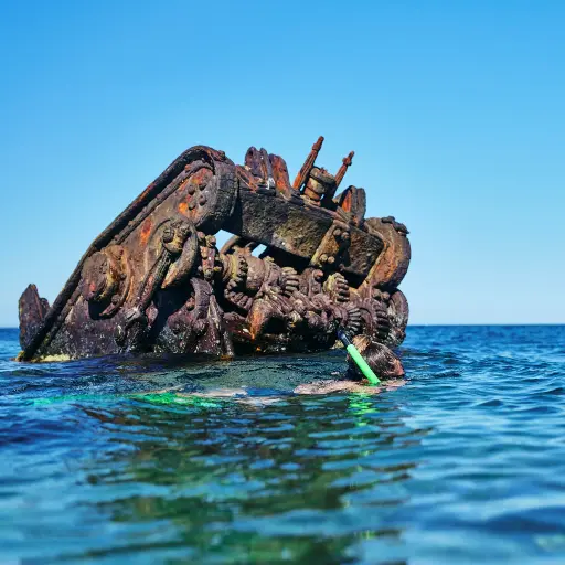 A person snorkeling near a partially submerged, rusted shipwreck in clear blue water under a bright blue sky.