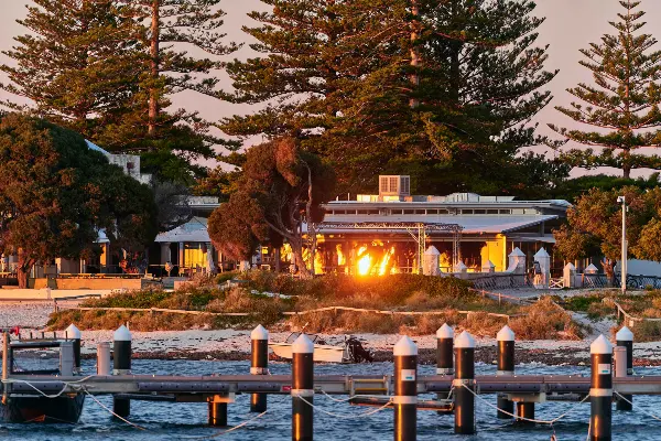 Looking across the water at Thomson Bay towards Hotel Rottnest at sunrise