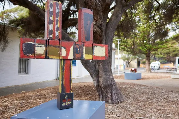 Diving Buoy (2023) sculpture by artists Stephen Brameld and Jay Staples. Materials used are Acrylic, enamel, marine plywood
