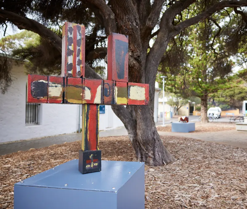 Diving Buoy (2023) sculpture by artists Stephen Brameld and Jay Staples. Materials used are Acrylic, enamel, marine plywood