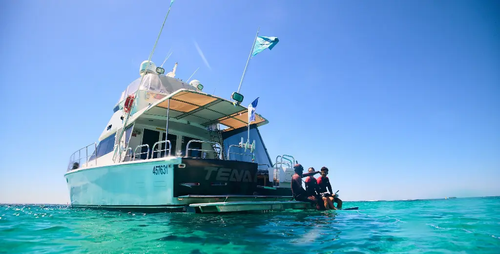 17m flybridge on crystal clear blue water and snorkellers getting their equipment ready