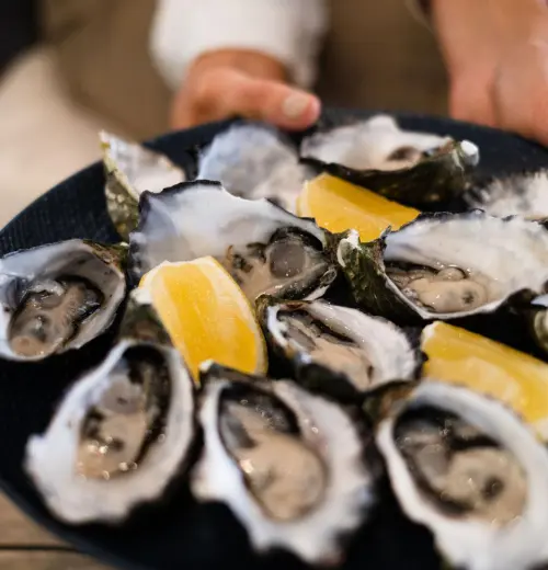 A plate of oysters with lemon wedges