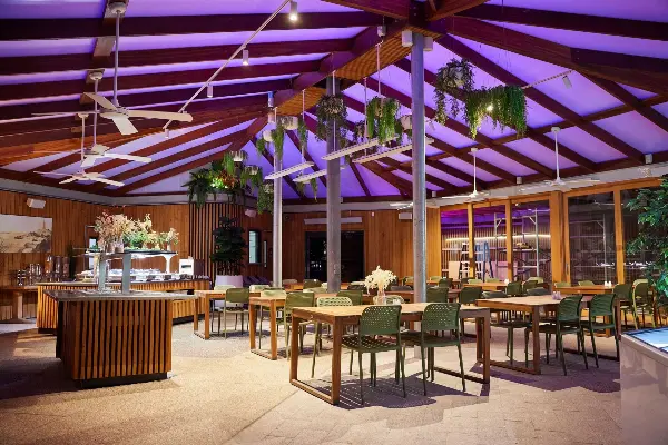 A restaurant set up with buffet counters.
